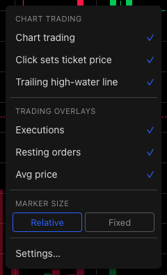The chart's right-click menu with Chart trading, Click sets ticket price and the trading overlays