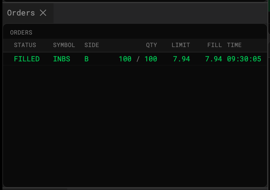 The Orders window after a fill