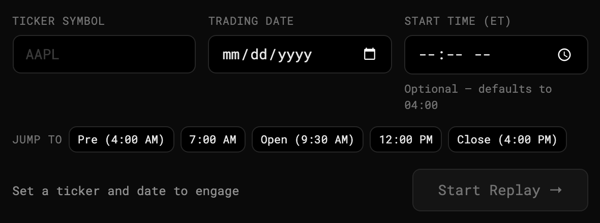 Ticker, date and start time inputs with the Jump to chips