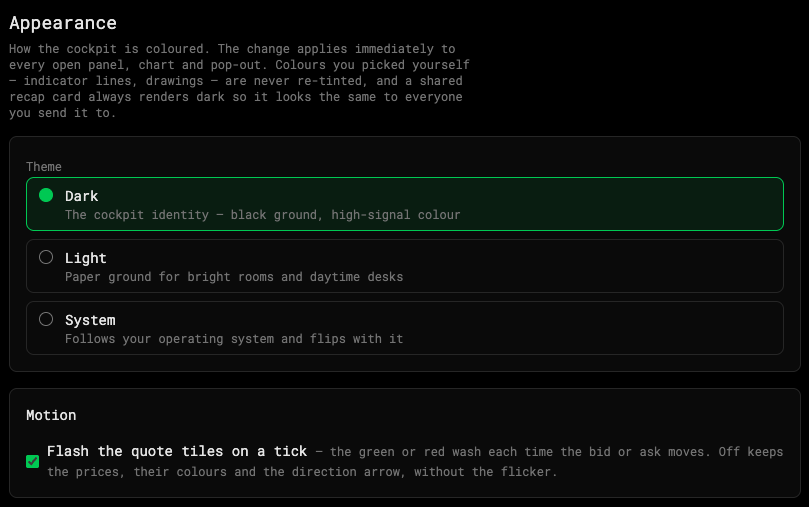 Settings → Appearance with the theme choice and the Motion toggle highlighted