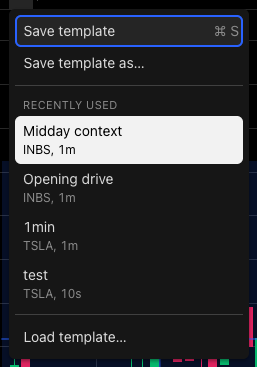 The template menu open under the toolbar, with Save template, Save template as, Recently used and Load template highlighted